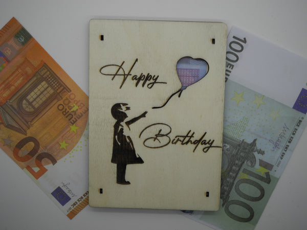 Geldkarte,Geschenkkarte mit Motiv Happy Birthday aus Holz